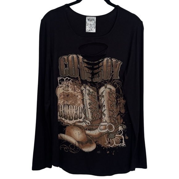 Vocal Black Distressed Cowboy Rodeo Rhinestoned Super Soft Long Sleeve Size L - Picture 2 of 8